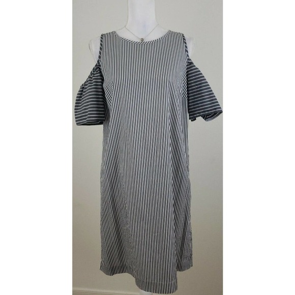Ann Taylor LOFT~Dress 6~Gray Mixed Stripe Cotton Poplin Cold-Shoulder Mini Shift - Picture 1 of 12